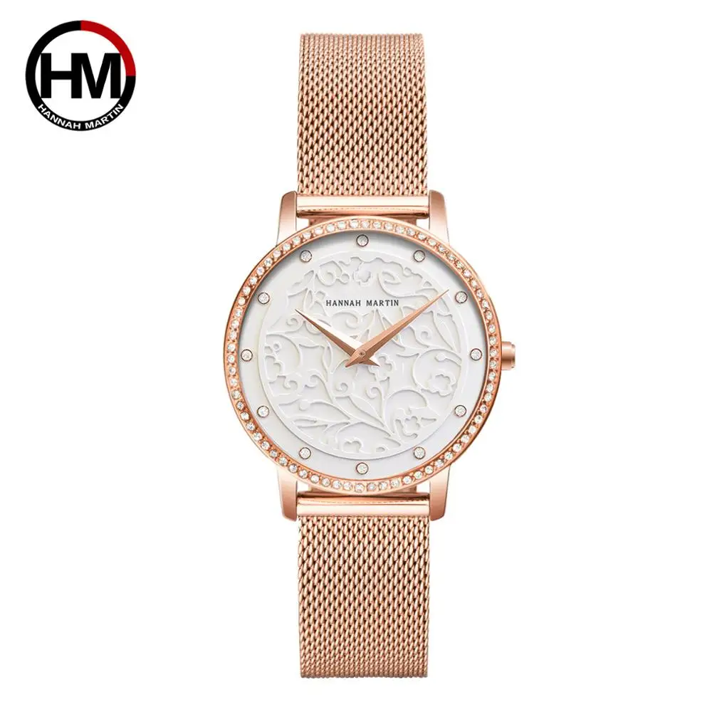 MIYOTA-relojes de diamantes de imitación para mujer, accesorio con grabado 3D de flores blancas, esfera de Japón, resistente al agua, marca superior