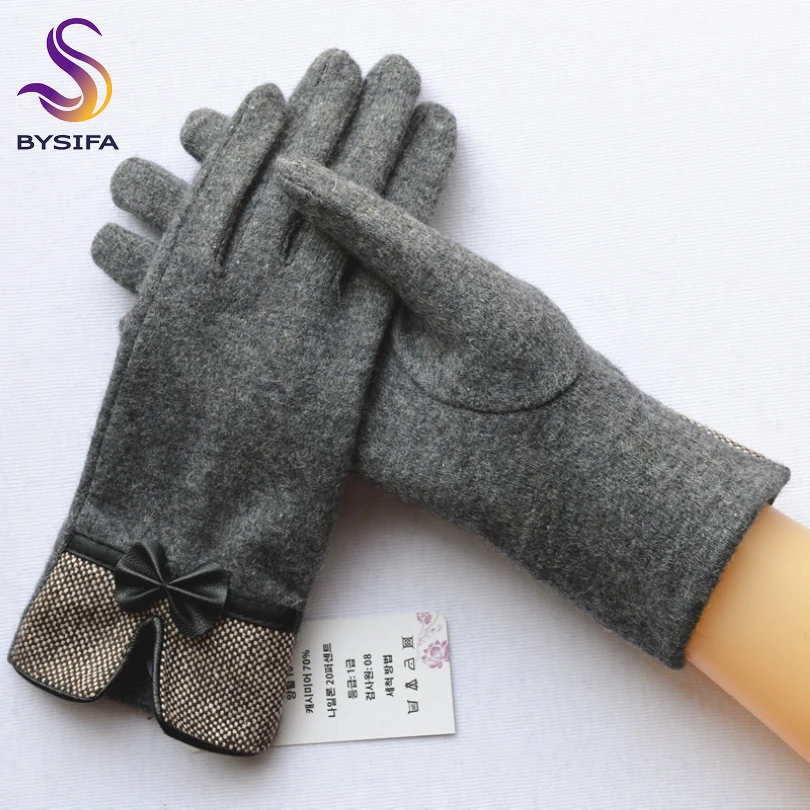 [BYSIFA] Women Wool Cashmere Gloves Winter Elegant Bow tie Plaid Full Finger Black Gloves Fashion Fall Soft Warm Mittens Gloves