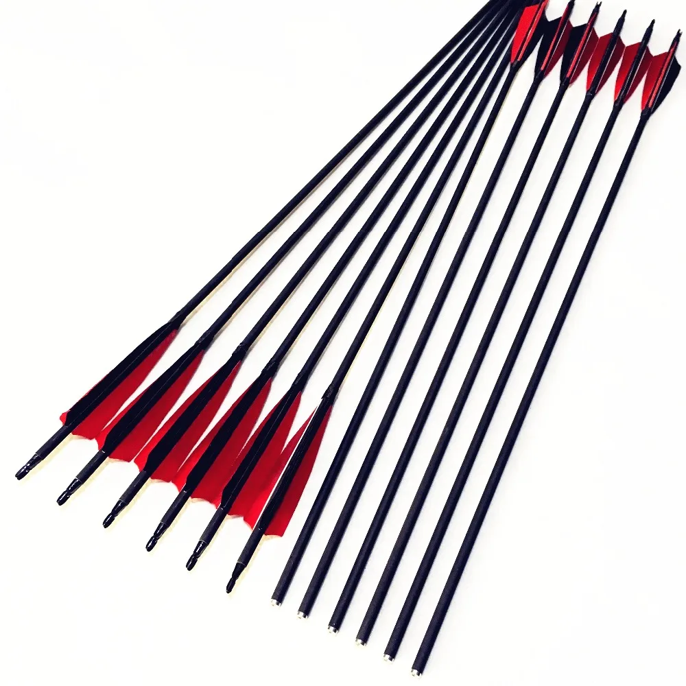 12pcs 30 pollici carbon arrow Spine 600.OD7.8mm/ID6.2mm. 2 rosso e 1 nero. Testa sostituibile/adatta per arco inverso tradizionale