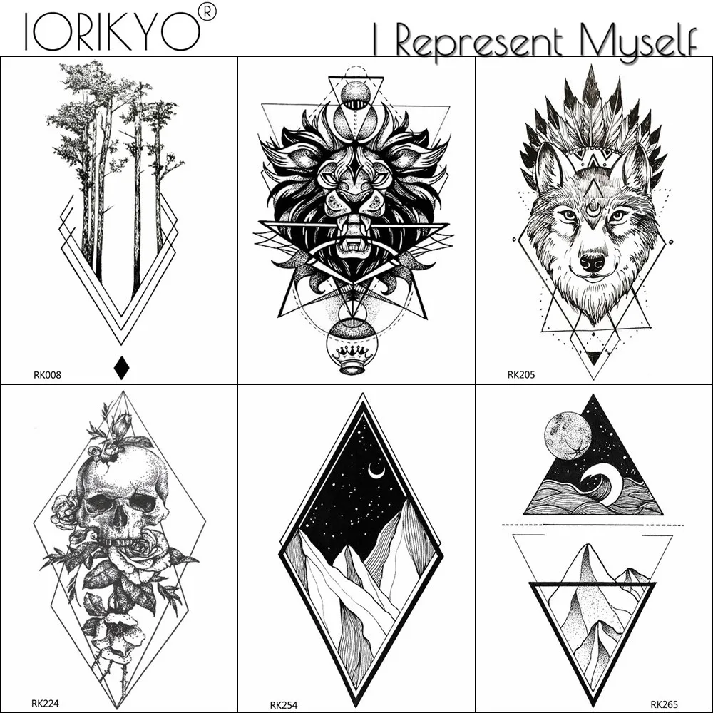 IORIKYO Water Transfer Geometric Lion Tatoos Stickers Men Skull Arm Temporary Tattoo Women Tattoo Mountain Triangle Black Tattoo