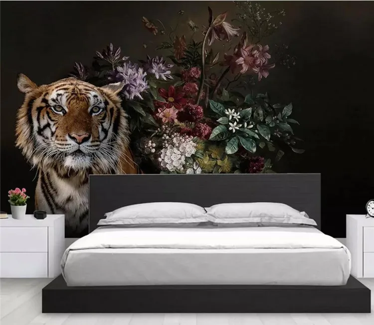 Custom photo Mural Wallpaper Papel De Parede 3D Room Bedroom Black hand painted lily tiger Printed Wall paper Murals