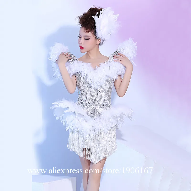 Bar Nightclub Female Singer White Tassel Big Feather Clothes DJ Dance Team DS Star Party Dress Shrug Bright Diamond Costume