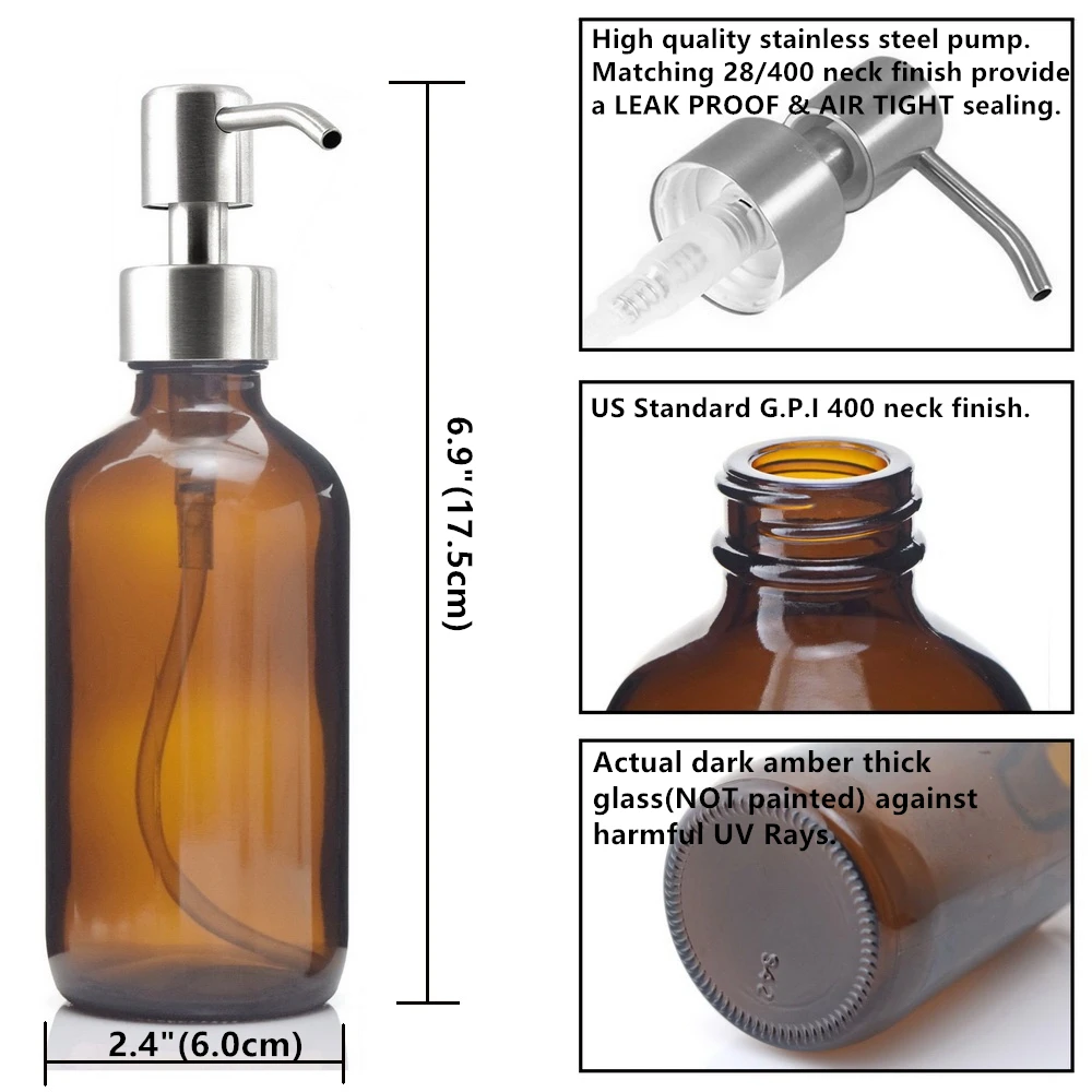 8 Oz Large 250ml Liquid Soap Dispensers with Stainless Steel Pump for Essential Oils Homemade Lotions Shampoo Amber Glass Bottle