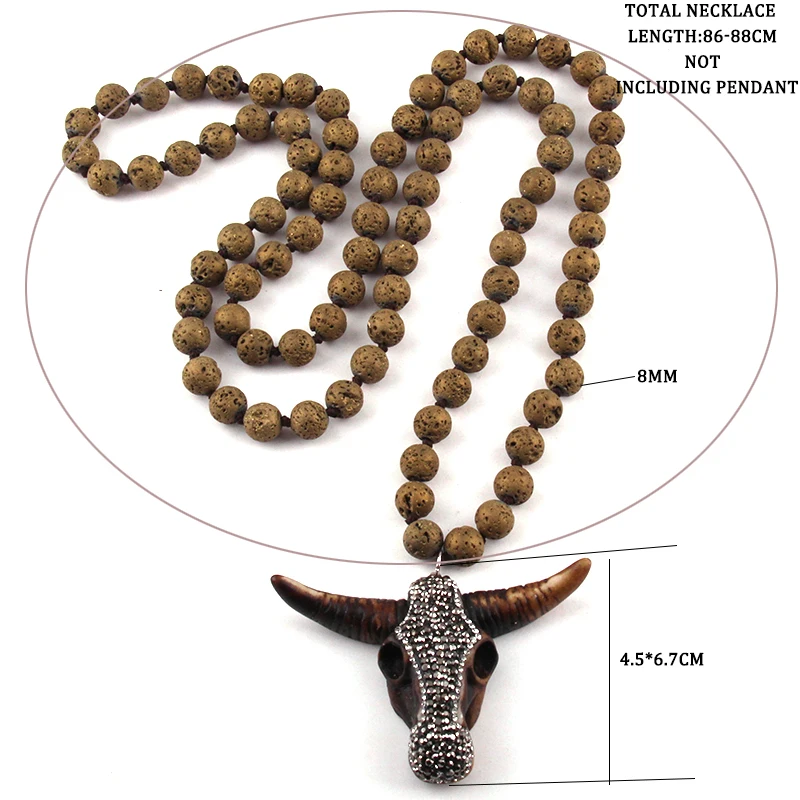 Fashion Bohemian Tribal Jewelry Multi Lava Stones Long Knotted Handmade Paved Bull Head Pendant Necklace For Women