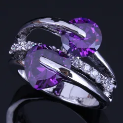 Gracious Heart Shaped Round Purple Cubic Zirconia White CZ Silver Plated Ring V0464