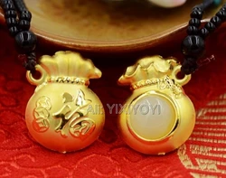 Natural White HeTian Jade + 18K Solid Gold Chinese Coin Fu Money Bag Lucky Pendant + Free Necklace Fine Jewelry + Certificate