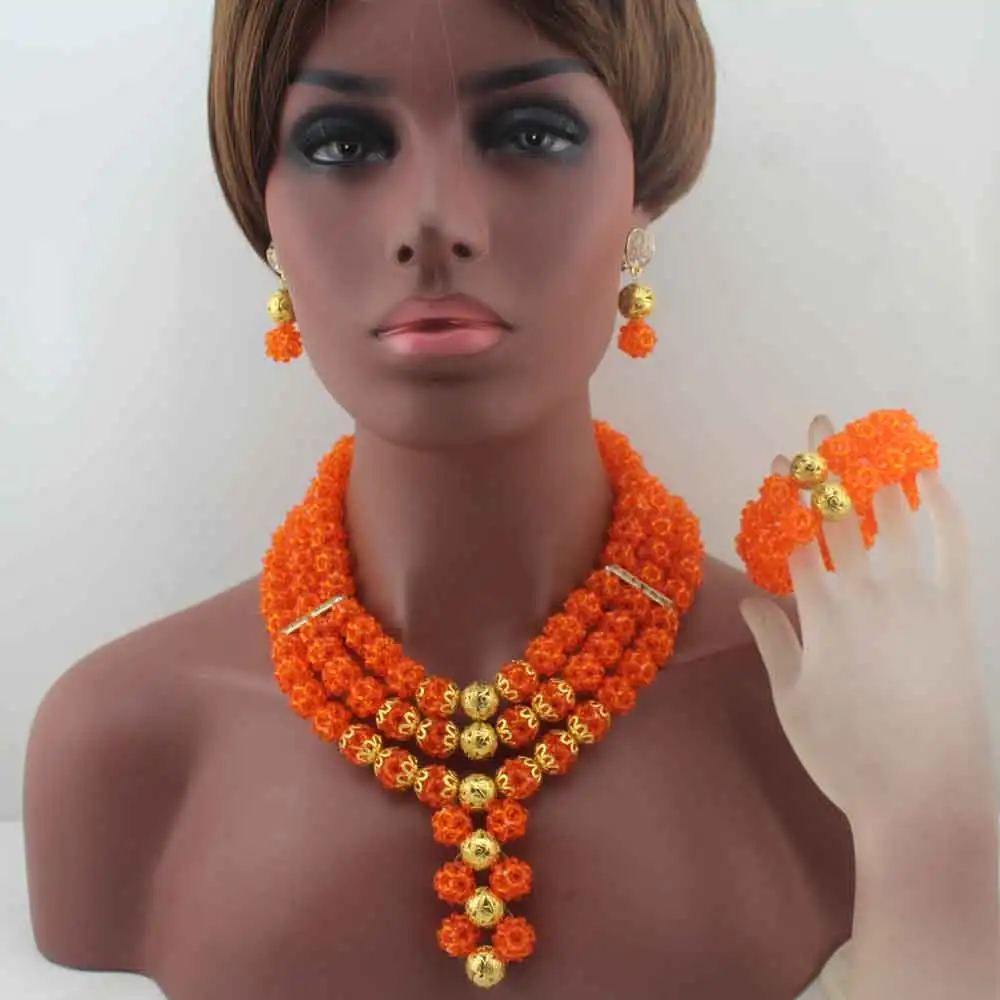 

New Latest Nigerian Party earrings Beads Women Choker Necklace Jewlery Set Orange Crystal African Jewelry Sets W14023