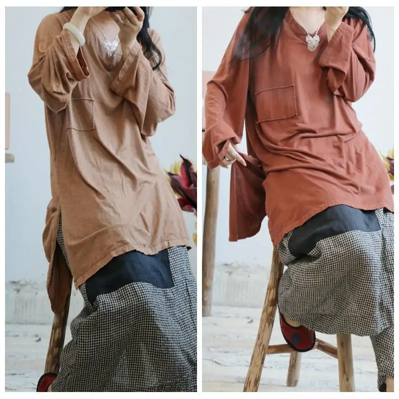 4 Kleuren 2020 Plus Size Vrouwen Shirts Literatuur V-hals Zakken Effen Kleur Blouse Korte Vóór Lange Lengte Joker Tops Uswmie