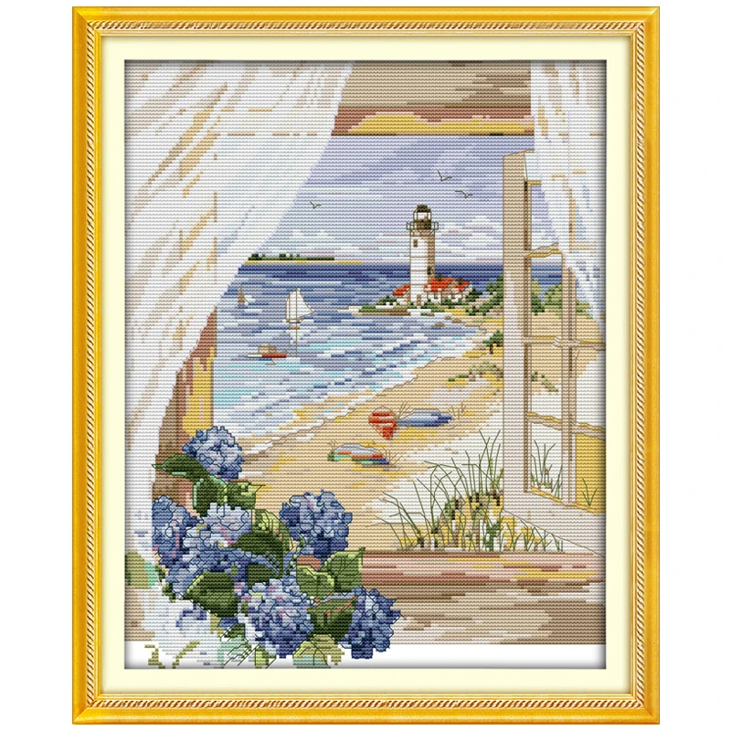 Seascape Outside the Window Patterns Counted Cross Stitch Set 11CT 14CT 16CT Stamped DMC Cross-stitch Kit Embroidery Needlework