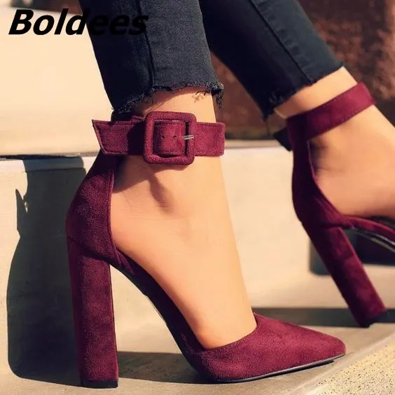 Glamorous Line Buckle Style Pointy Block Heel Pumps Classy Burgundy Suede Heels Chic Women Fashionable Chunky Heel Dress Shoes