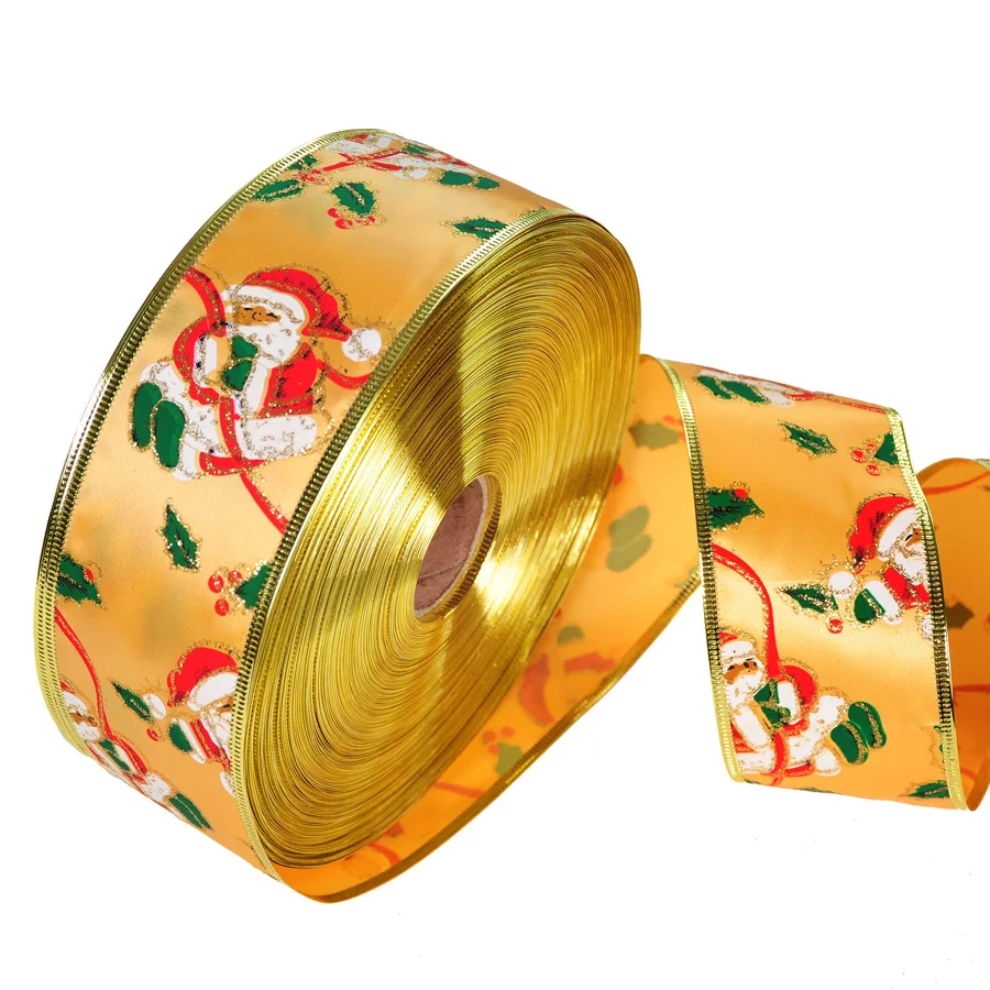 

10M Gold Edge Christmas Ribbon Santa Claus Printed Ribbons DIY Bow Christmas Tree Decoration 6.3cm Gift Wrapping Ribbon