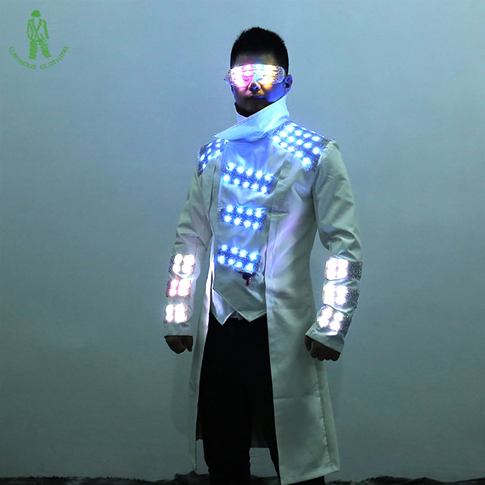 

New Flash LED Light White Suit Gloves Hat Set Colorful Captain Clothes For Stage Dance Ballroom Night Club Show Luminous Costume