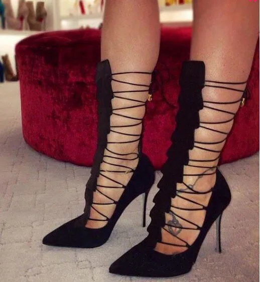 

Brand LTTL sexy cut-outs lace up calf boots pointed toe stiletto high heels summer long boots black boots zapatos mujer