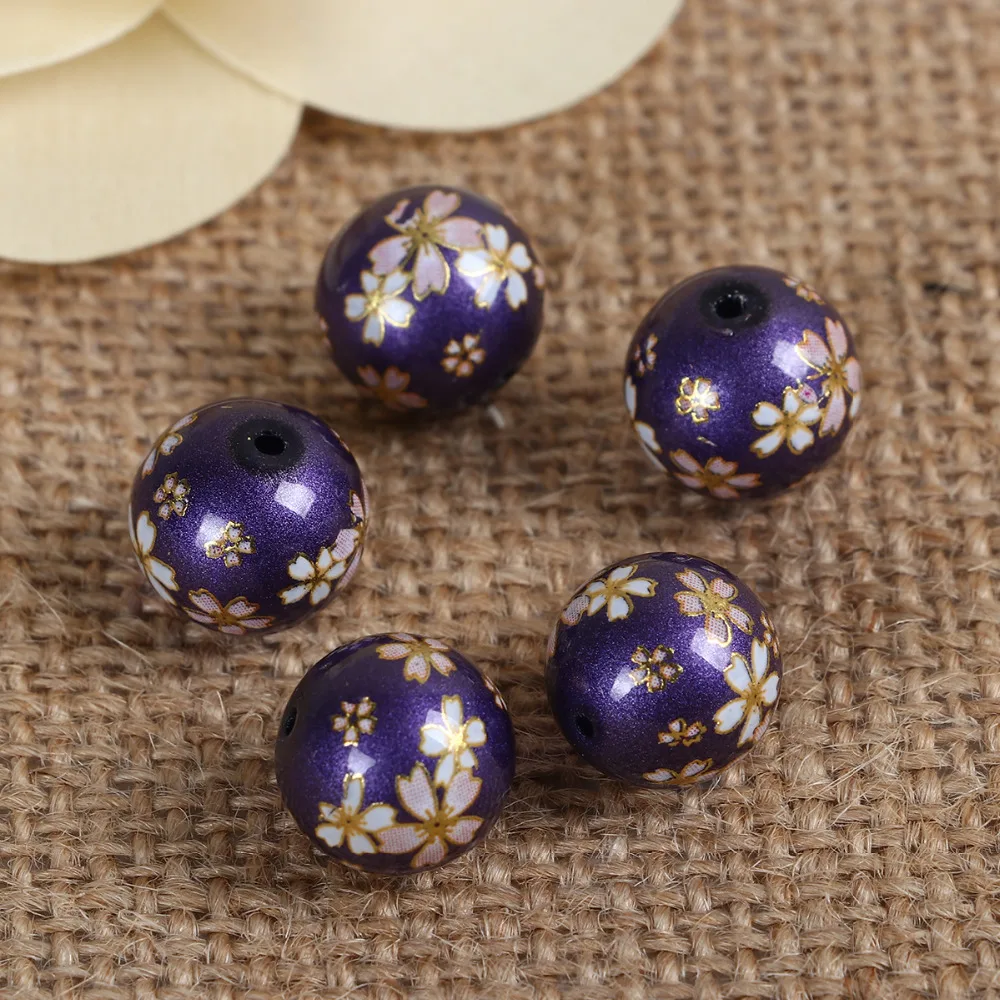 DoreenBeads Glass Painting Vintage Japanese Tensha Beads Round Sakura Flower Pattern Imitation Pearl About 12mm( 4/8") Dia 5 pcs
