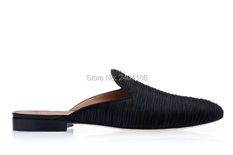 Drop Shipping Plain Pleated Silk Black Slippers Outsite Spring Summer Mens Half Shoes Round Toe Slip On Flat Leisure Slides Men