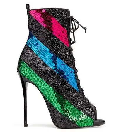 2017 Summer Brand Choudory Sexy Women Colorful Blue Pink Green Black Sequins Peep Toe Gladiator Cuts Out Mid-Calf Short Boots