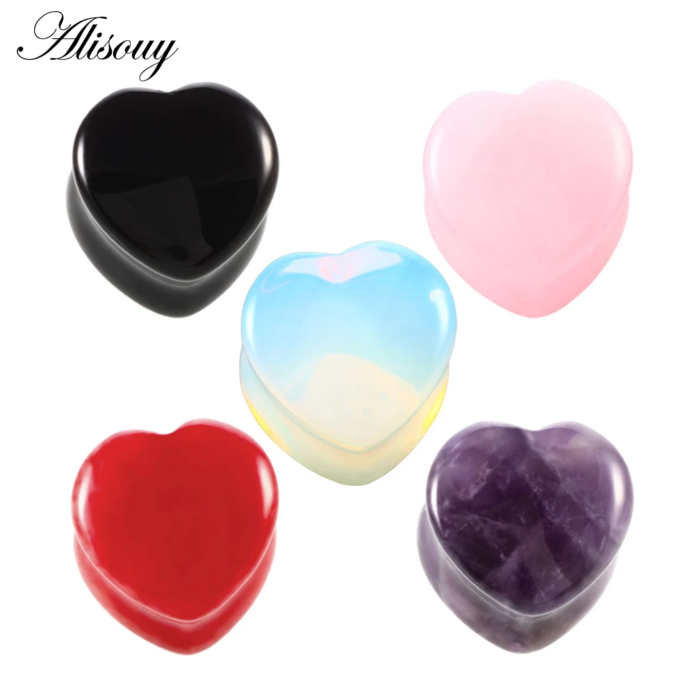 Alisouy 1 Pair Beautiful Pink Heart Stone Ear Plug Fashion Expander Extension Tunnels Piercing Piercing Body Jewelry 6mm-25mm
