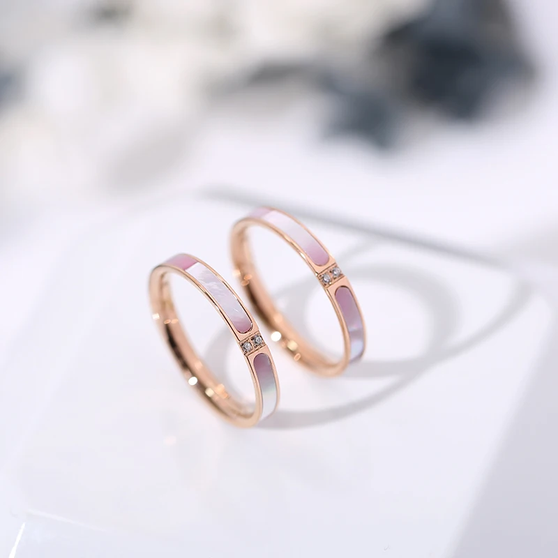 

YUN RUO 2019 Fashion Pink Shell Zirconia Ring Couple Rose Gold Color Woman Birthday Gift Party Titanium Steel Jewelry Never Fade