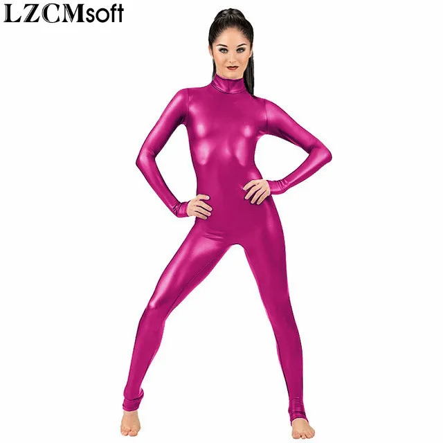 LZCMsoft Women Long Sleeve Metallic Unitards Adults Shiny Full Ballet Gymnastics Catsuits Dancewear Spandex Unitards Stage Show