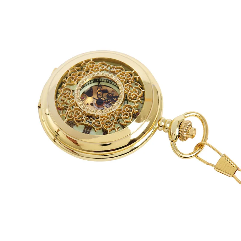 Gold large thick chain dense flower hollow night light pocket watch ancient Roman text mechanical pocket watch 8931