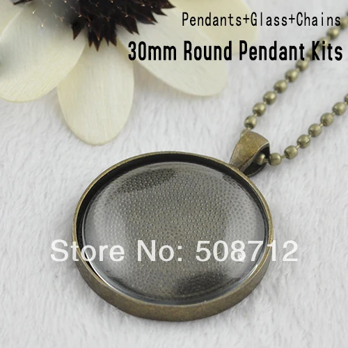 

antique Bronze -30sets Flash Sale DIY Kits- 30mm Trays, Glass, and necklaces. 30mm Blank Photo Pendant Trays and Cabochons