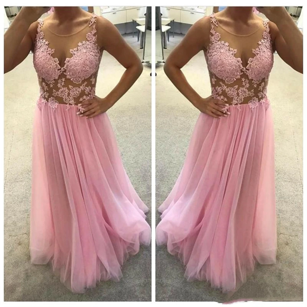 2019 puro laço apliques a linha vestidos de baile tule trem varredura longo formal júnior rosa vestidos de festa à noite