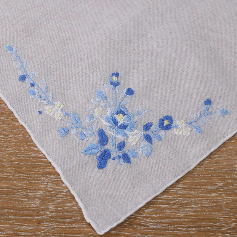 S005-B : Delicate 100% cotton Handmade Embroidered/ hand embroidery blue rose handkerchief