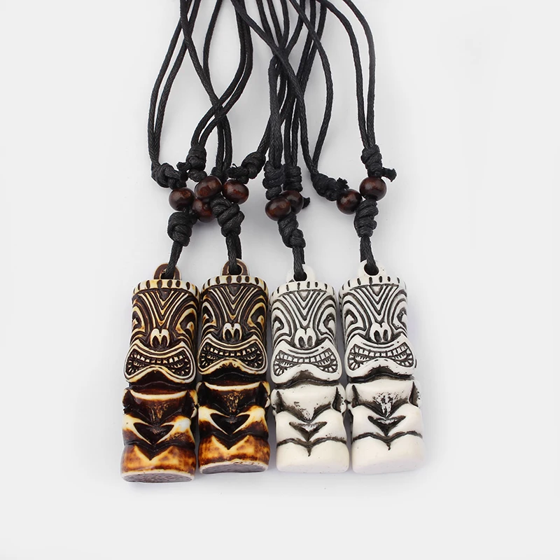 1Pcs Brown/White Faux Yak Bone Tribal Tiki Man Totem Zealand Maori Tiki Totem Amulet Pendant Necklace Jewelry
