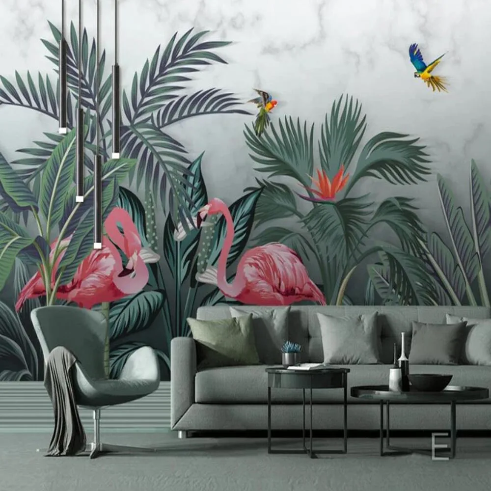 Nordic Tropical Flamingo Wall Murals paper Animal  Paper Rolls for Bedroom 3d Photo paper Nature Rain Forest Mural