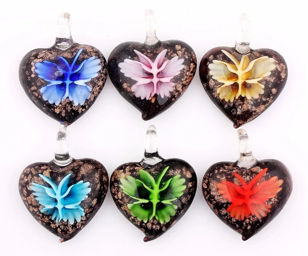 Q Wholesale 6pcs Handmade Murano Lampwork Glass Mix Color Butterfly Flower Pendant Fit Necklace Gift