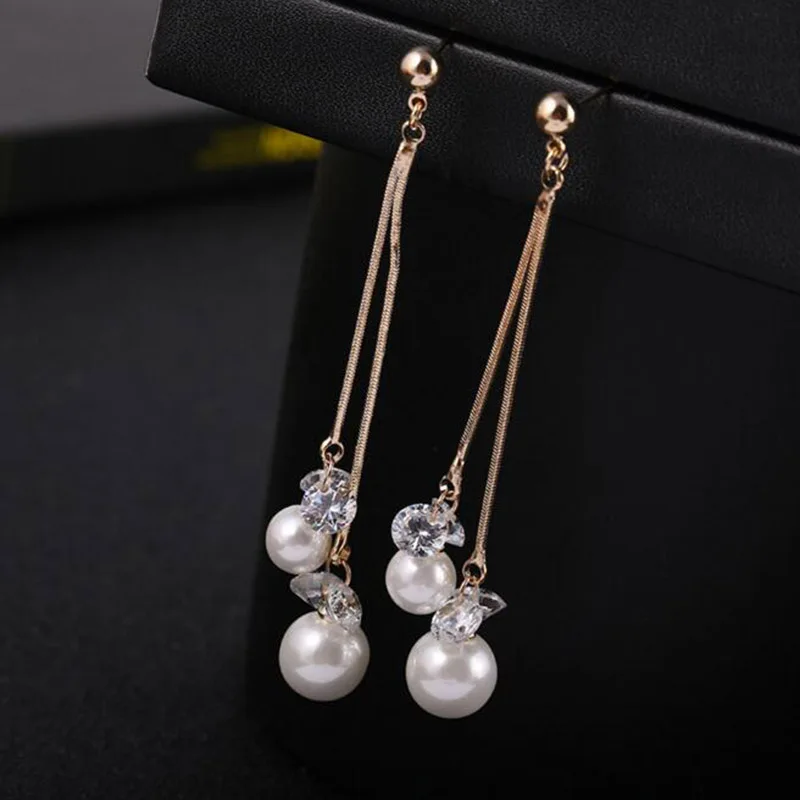 Grace Jun High-grade Pearls Cubic Zircon Long Tassel Clip on Earrings Without Piercing for Women Elegant Jewelry Ear Clip Bijoux