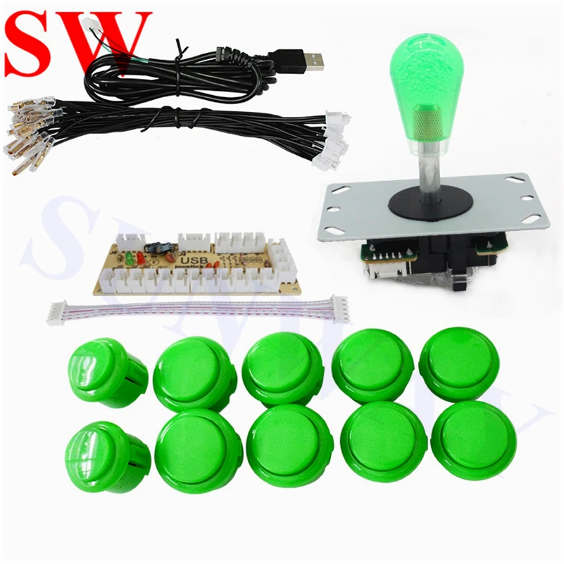 Green Arcade DIY Kit USB Encoder to PC Joystick With 10 Push Buttons for PC Mame Fight Stick & Raspberry Pi