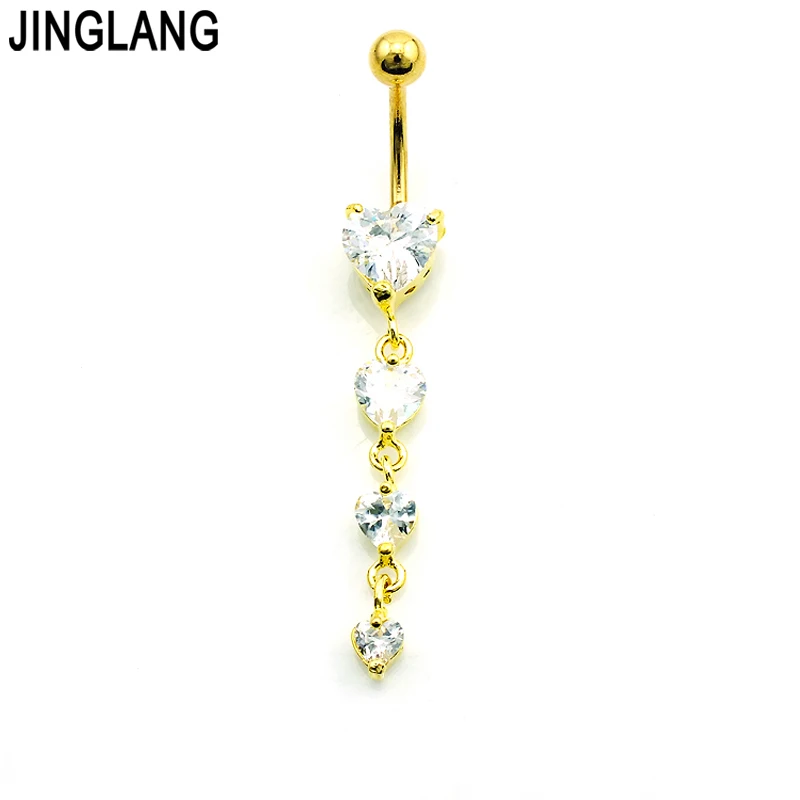 JINGLANG-حلقات ثقب زر البطن ، الفولاذ الجراحي ، أحجار الراين ، القلب ، السرة ، اللون الذهبي ، 316L