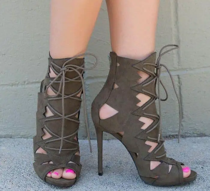 

Summer New Brand Women Army Green/Pink/Burgundy/Nude Cuts Out Lace Up Front Zipper Back Thin Heels Ankle Sandals Boots Booties