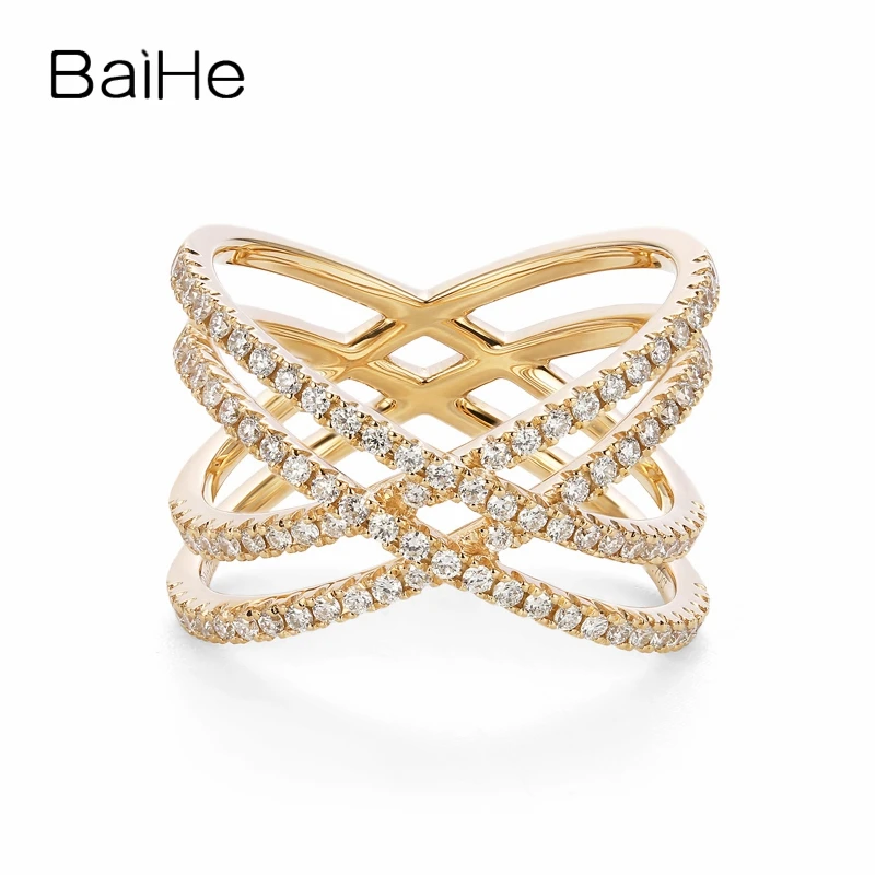 

BAIHE Solid 14K Yellow Gold H/SI Natural Diamond X Ring Women Men Wedding Fine Jewelry Making Anillo diamantes Diamant-Ring