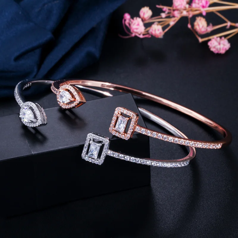 CWWZircons Trendy Exquisite Rose Gold and Silver Color Cubic Zircon Crystal Round Cuff Bangles for Women Dress Jewelry BG031