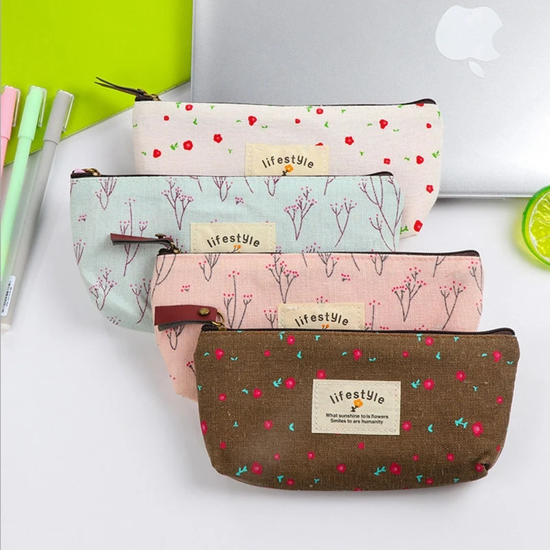 1pc x Pastoral Canvas Flower Floral Cosmetic Makeup Storage Bag Pen Case Pouch