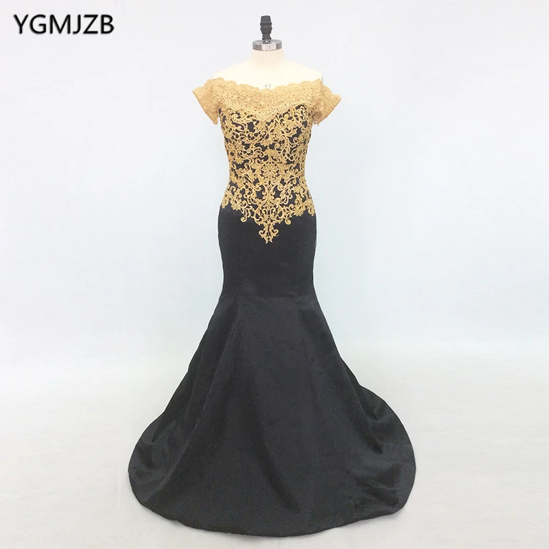 

Elegant Black Mermaid Evening Dress Long 2018 Off Shoulder Gold Embroidery Floor Length African Women Formal Prom Evening Gown