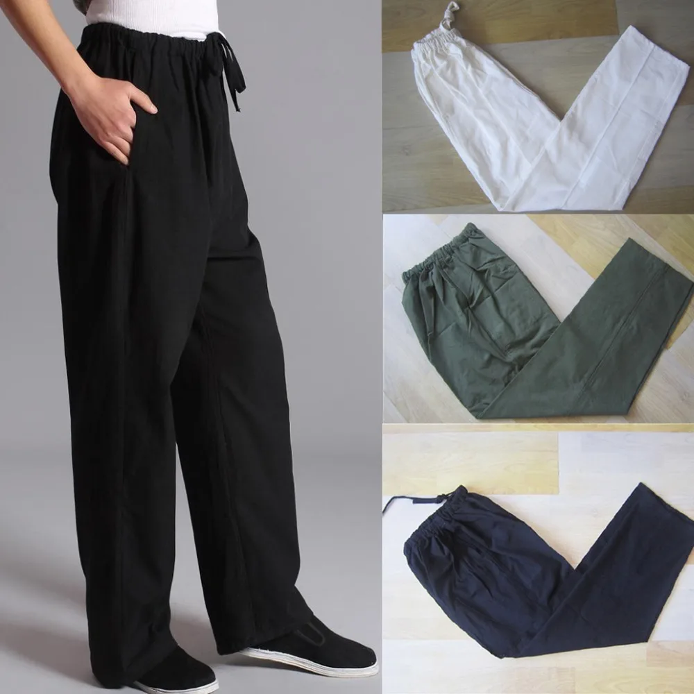 100% Cotton Chinese Traditional Men's Kung Fu Pants Wu Shu Tai Chi Elastic Waist Loose Long Trousers S M L XL XXL XXXL CB0416