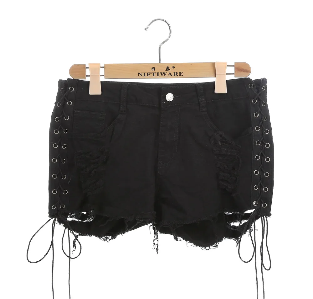 Sexy Donne di Estate Del Foro Del Denim Nero Strappato Shorts Jeans Donna Vita Alta Nappa Pizzo Elastico Fasciatura Booty Shorts Hotpants S-3XL