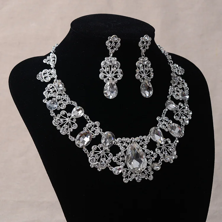 Fashion Rhinestone Costume Jewelry Sets Silver Color Crystal Statement Necklace Earrings Set Wedding African Beads Jewelry Set