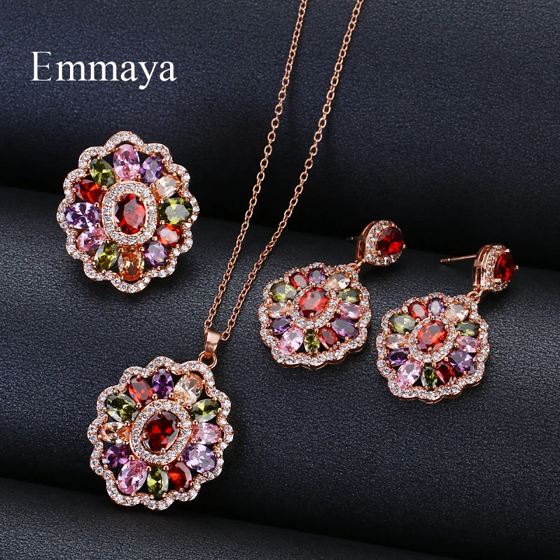 Emmaya Brand Luxury Elegance Charm AAA Cubic Multicolor Zircon Two Colors Necklace Sets For Women Popular Wedding Jewelry Gift