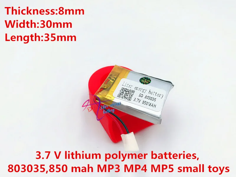 2pcs 3.7 V lithium polymer batteries,  803035, 850 mah MP3 MP4 MP5 batteries