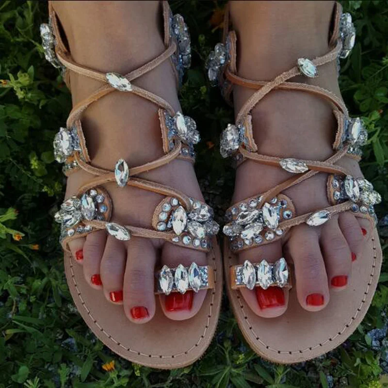 

Sexy Girl's Luxury Rhinestone Studs Straps Women Open Toe Sandals Boots Hollow Out Ladies Lace Up Flat Bohemia Crystal Sandals