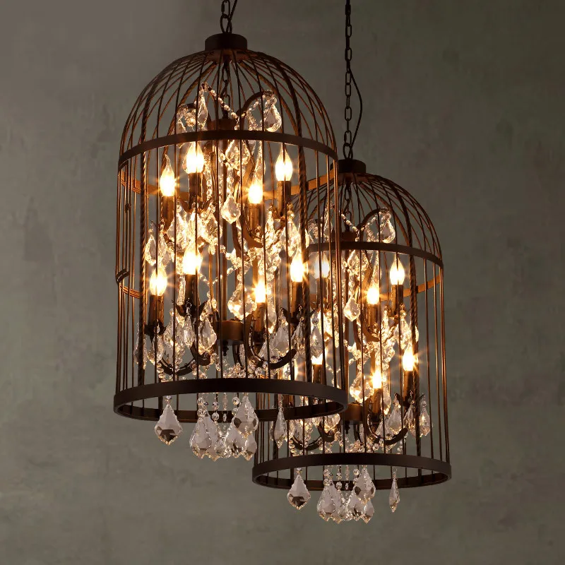 

American country vintage iron bird cage chandelier retro villa staircase crystal pendant lamp home deco rust iron light fixture