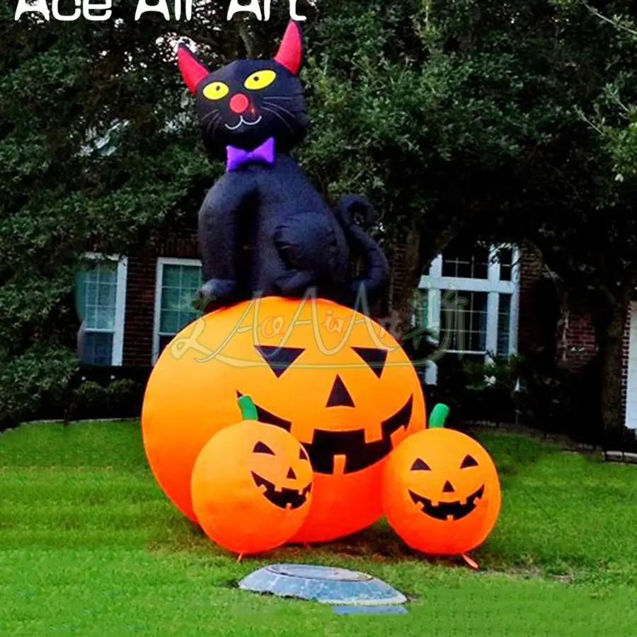 Creative Combination Yard Decoration Inflatable Pumpkin with Black Cat on Top Scary Decor for Lawn