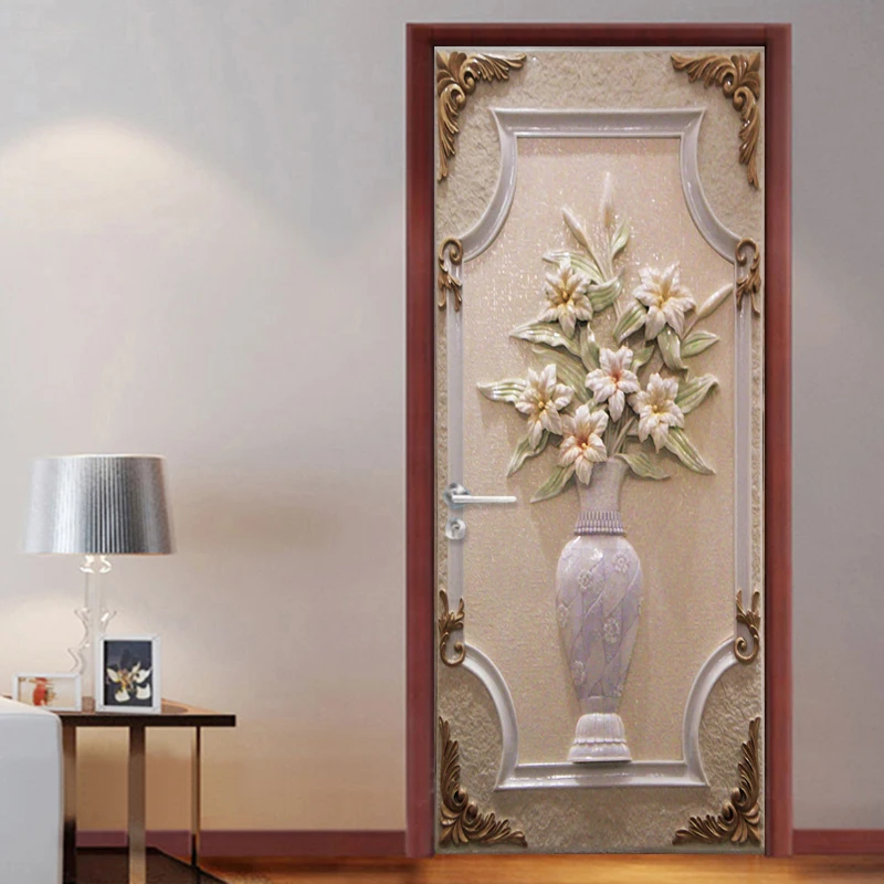 PVC Self-Adhesive Waterproof Door Wall Sticker 3D Stereo Flowers Wallpaper Door Mural Living Room Study Home Decor Paste