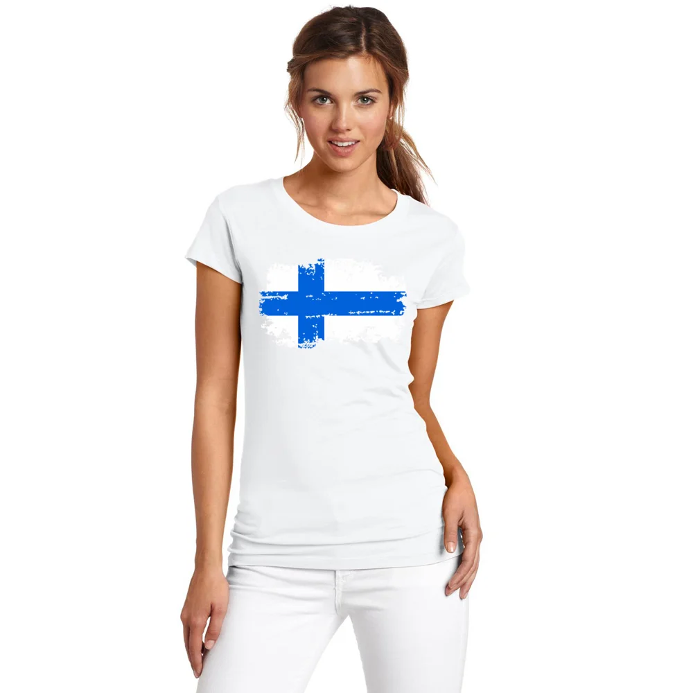 Finland Nostalgic Flag Printed Costume for Women Cotton Round Neck Women Tshirt White Color Short Sleeve Top