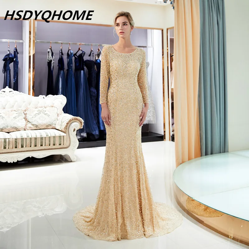 

New Arrival Gold Prom dresses beading sequin fishtail long sleeved evening dresses keyhole back robe de soiree