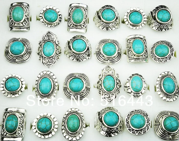 Vintage 30pcs Wholesale Jewelry Lots Turquoise Stones Antique Silver Plated Women Mens Adjustable Vintage Rings A-146